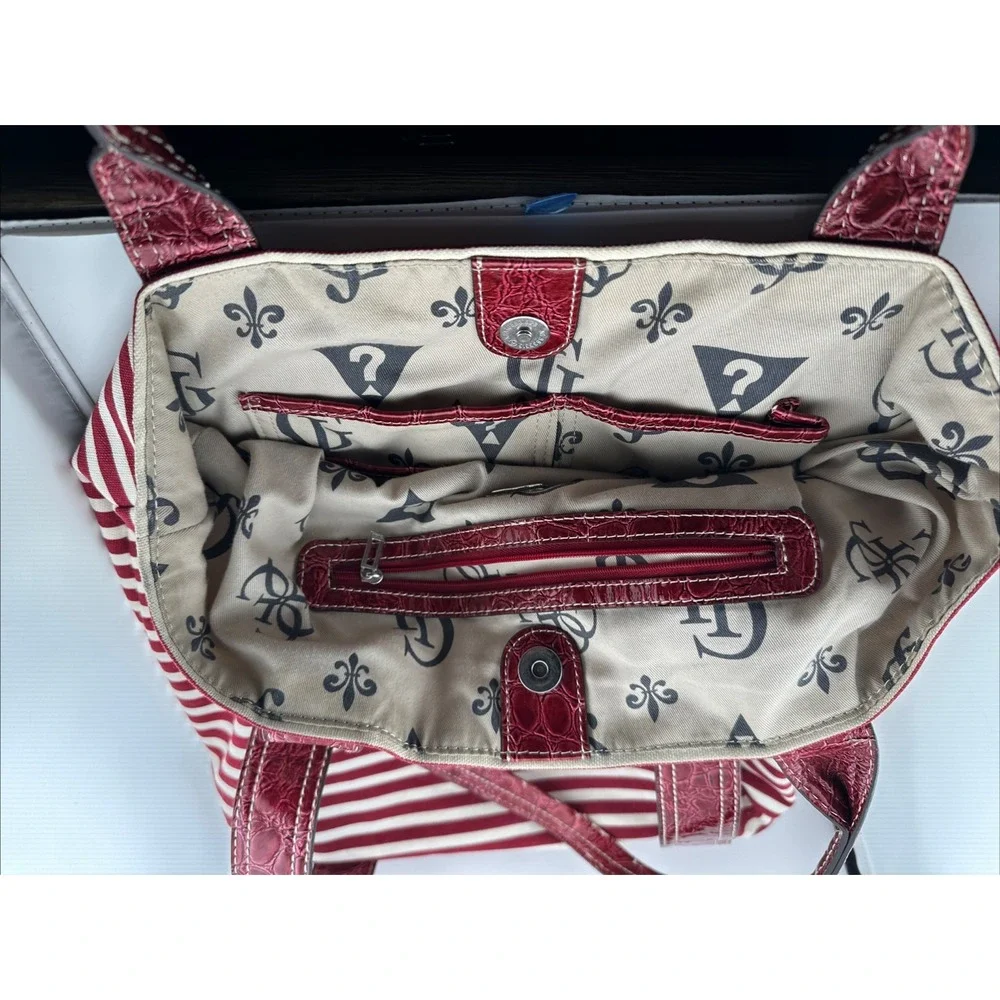 Vintage GUESS Satchel Tote Bag Red White Striped Faux Leather Croc Trim Medium